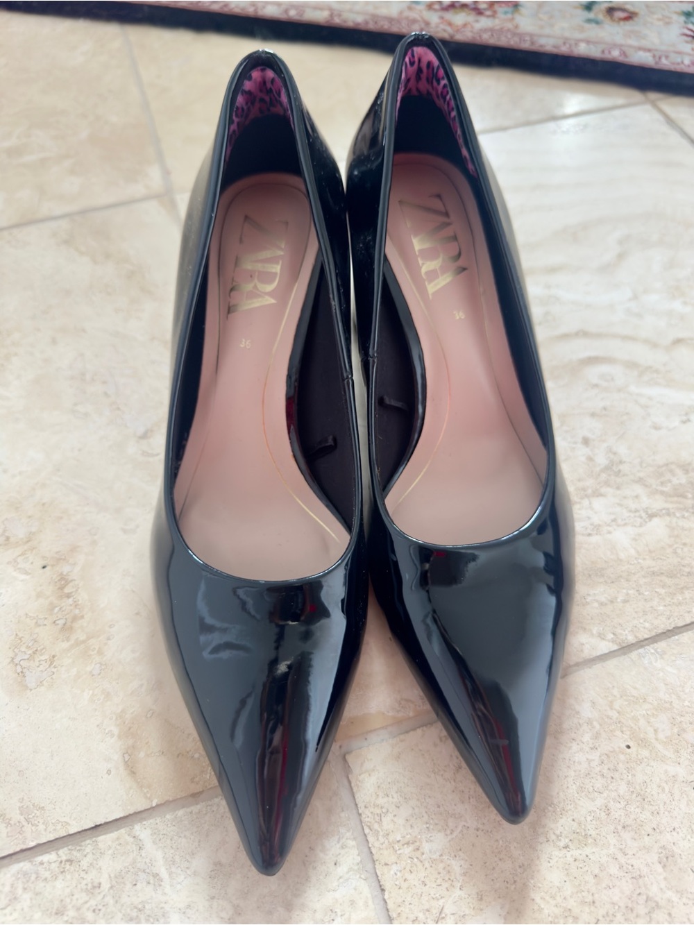 Zara Black Patent Pointed Toe Mid Block Heel Pumps